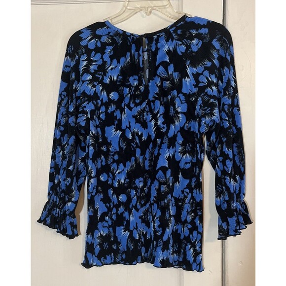 Premise Blouse Top Women’s XS Blue Black Stretch Long Sleeve Ruffled Cuff - Picture 2 of 7